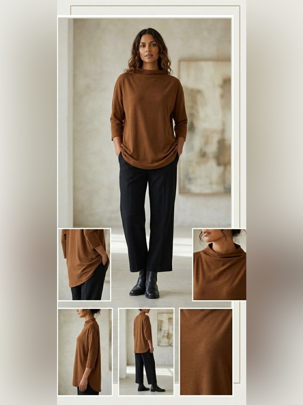 Bryn Walker Adria Tunic Brown 3/4 Sleeves Lagenlook Casual Tunic Top Size M